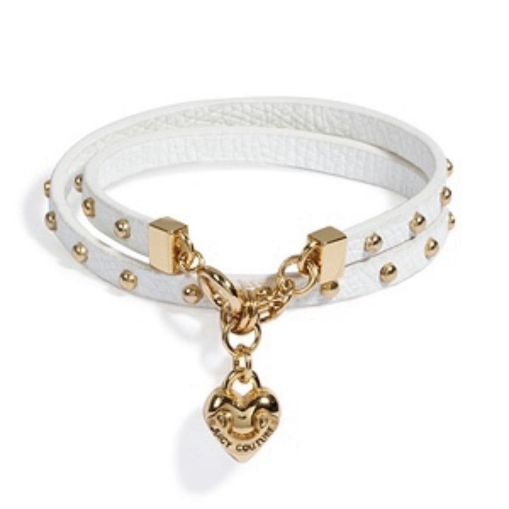 Vintage Juicy Couture White Double Wrap‎ Leather Studded Heart Charm Bracelet